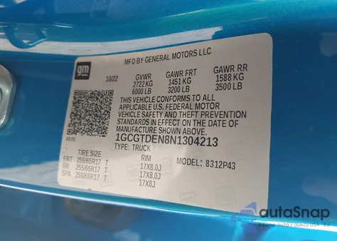 2022 Chevrolet Colorado 4Wd Short Box Z71 z USA, uszkodzony, nr VIN 1GCGTDEN8N1304213